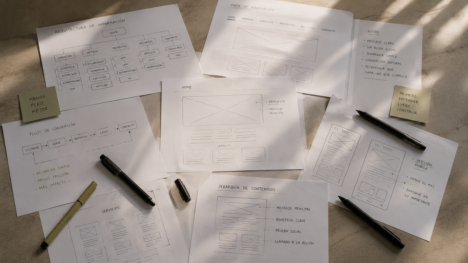 Bocetos y wireframes del proceso de diseño sobre la mesa